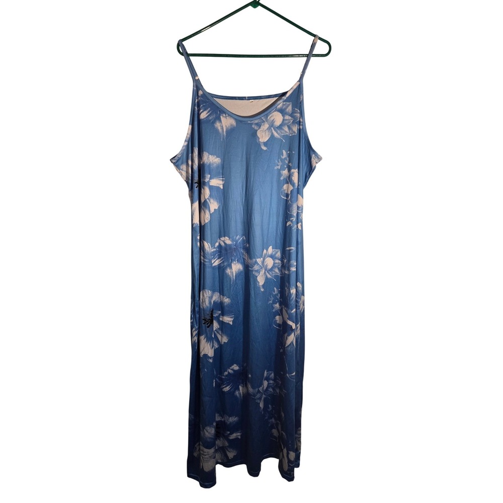 Blue Floral Spaghetti Strap Coverup Dress Plus Size 6XL Sleeveless Scoop Neck